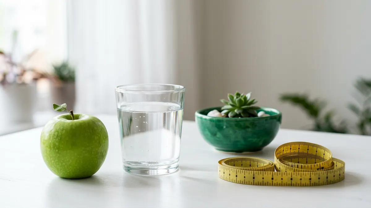 מחשבון BMI בטלפון לצד משקל ומד גובה, על המסך מדד מסת הגוף והסיווג לפי WHO